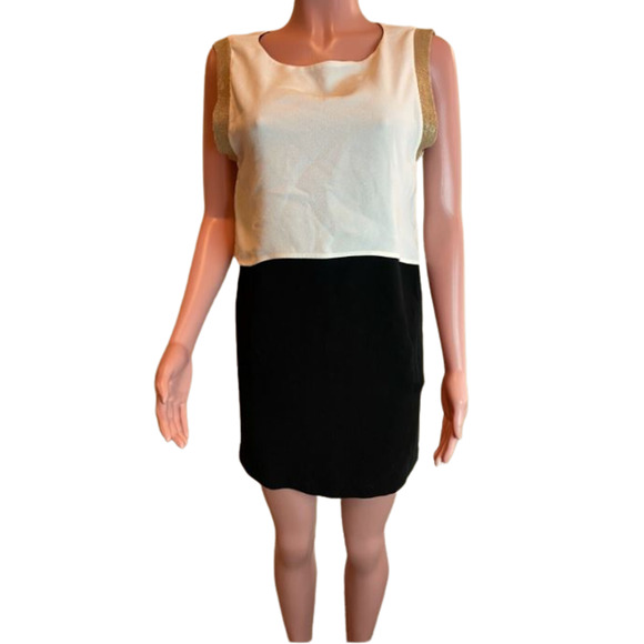 Maje Mini Shift Dress Womens 2 Black White Overlay Crepe Gold Trim Color Block - Picture 1 of 10